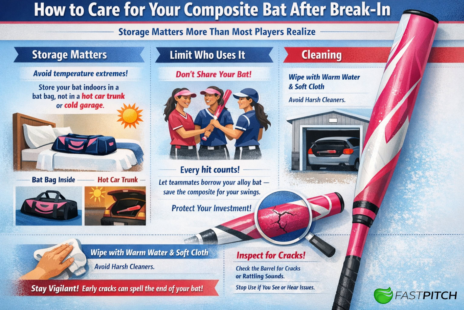 How To Care For Your Composite Fastpitch Bat Infographic How to Break In a Composite Fastpitch Softball Bat — Step-by-Step Guide 4